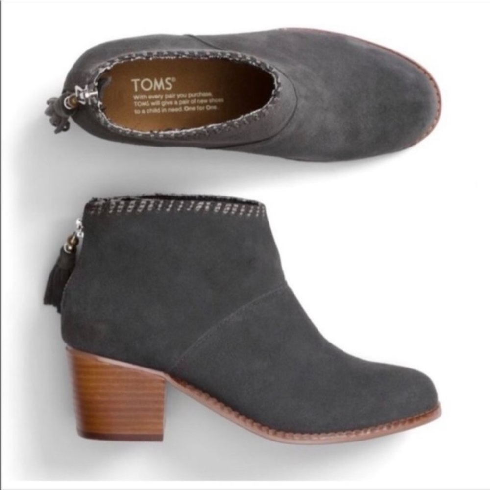 TOMS x Zappos Leila Grey Suede Heel Ankle Bootie tassel women’s 6.5